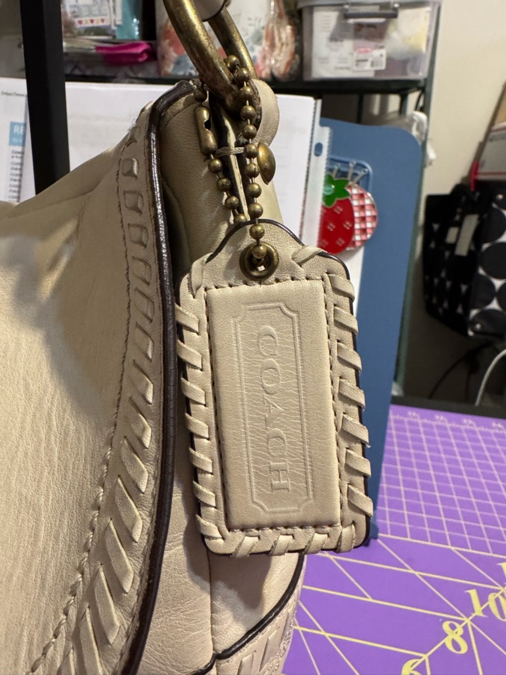 Coach Poppy Cream Leather Whipstitch Braided-Handle Flap Hobo Shoulder Bag - Picture 2 of 10